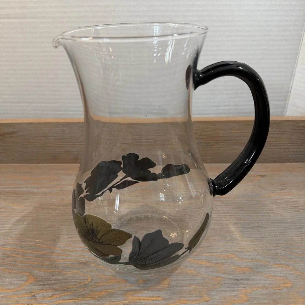 Vintage Arcoroc Hand Blown Glass Pitcher Black Handle Floral Charcoal Olive Gold